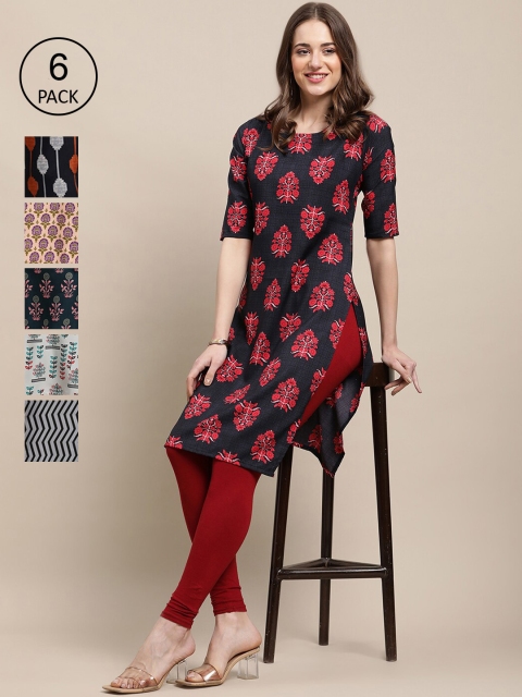 

Ethnic basket Women Red & Peach-Coloured Pack Of 6 Geometric Printed Crepe Kurtas