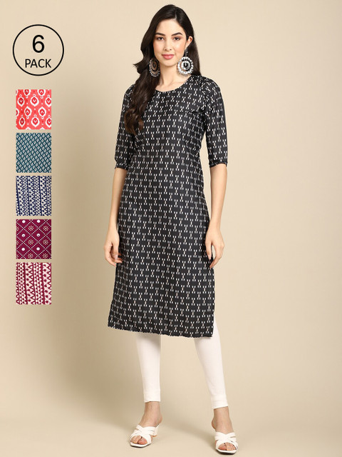 

Ethnic basket Women Black & Blue Pack of 6 Geometric Printed Crepe Kurtas