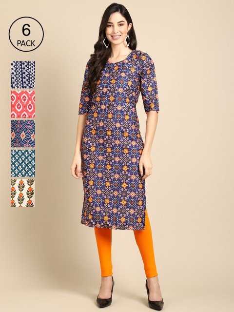 

Ethnic basket Women Navy Blue & Red Pack of 6 Geometric Printed Crepe Kurtas