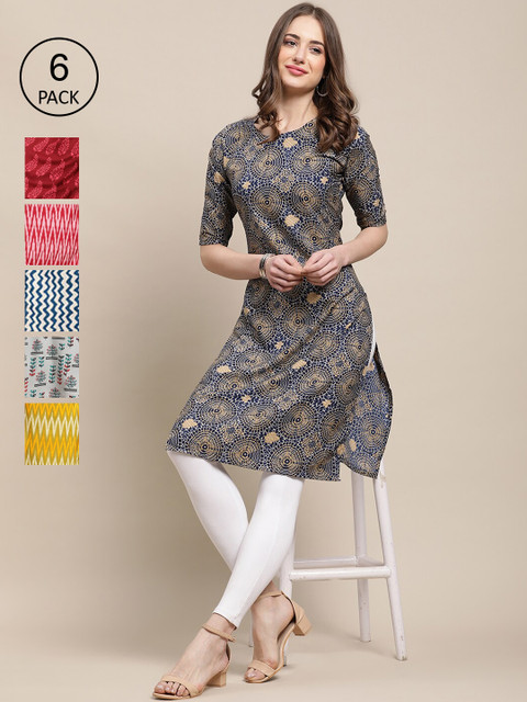 

Ethnic basket Women Navy Blue & Red Pack of 6 Geometric Printed Crepe Kurtas