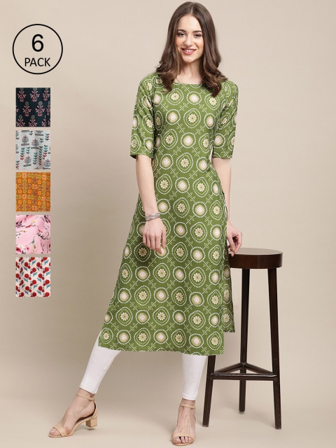 

Ethnic basket Women Green & Navy Blue Pack of 6 Geometric Printed Crepe Kurtas