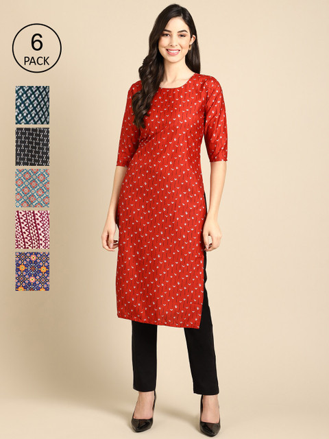 

Ethnic basket Women Red & Navy Blue Pack of 6 Geometric Printed Crepe Kurtas