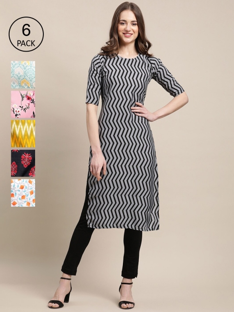 

Ethnic basket Women Grey & Pink Pack of 6 Floral Printed Crepe Kurtas