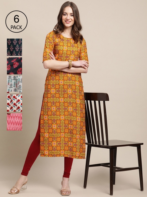 

Ethnic basket Women Yellow & Red Pack of 6 Geometric Printed Crepe Kurtas
