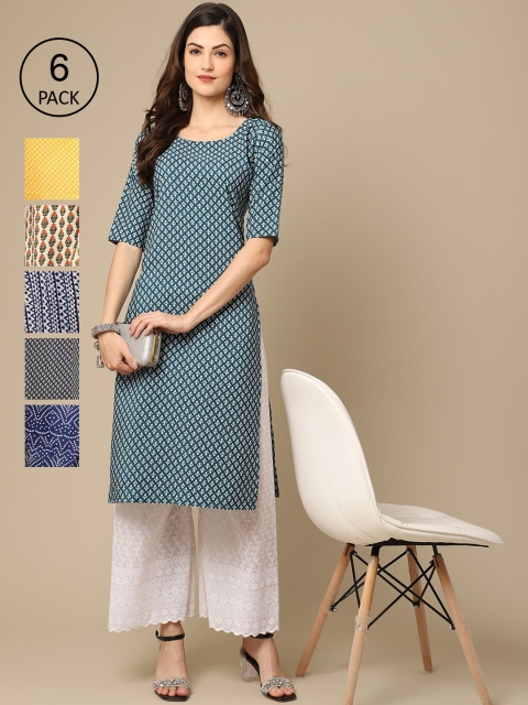 

Ethnic basket Women Teal & Yellow Pack of 6 Geometric Printed Crepe Kurtas