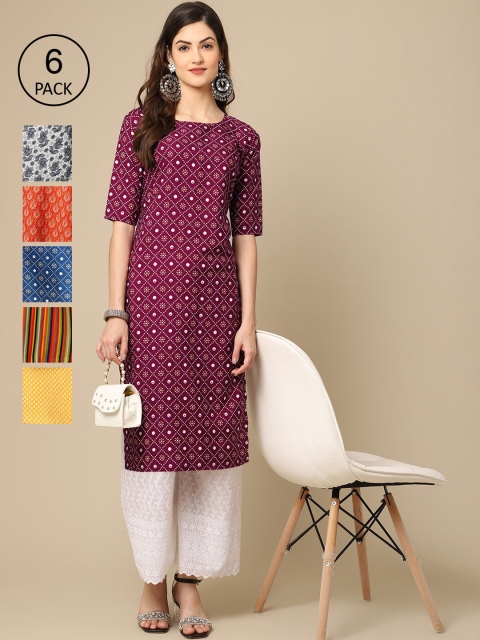 

Ethnic basket Women Purple & Orange Pack of 6 Ethnic Motifs Printed Crepe Kurtas