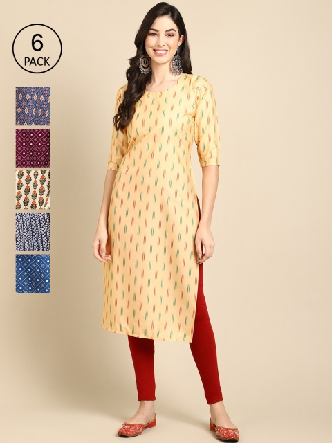 

Ethnic basket Women Yellow & Blue Pack of 6 Ethnic Motifs Printed Crepe Kurtas
