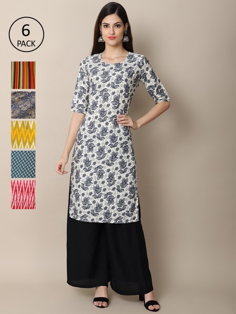 Ethnic basket Women Grey & Red Pack of 6 Geometric Printed Crepe Kurtas