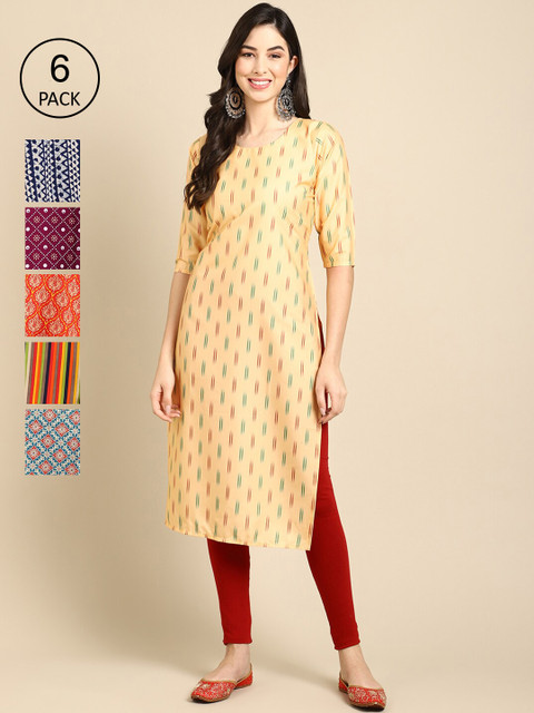 

Ethnic basket Women Yellow & Navy Blue Pack of 6 Geometric Printed Crepe Kurtas