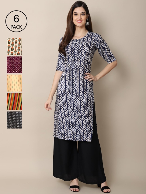 

Ethnic basket Women Navy Blue & Purple Pack of 6 Geometric Printed Crepe Kurtas