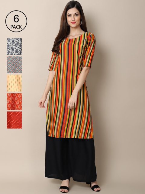 

Ethnic basket Women Orange & Blue Pack of 6 Floral Printed Crepe Kurtas