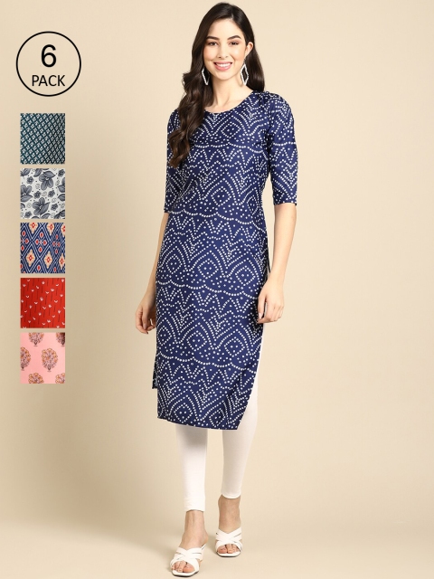 

Ethnic basket Women Navy Blue & Grey Pack of 6 Geometric Printed Crepe Kurtas