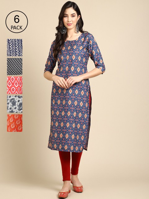 

Ethnic basket Women Navy Blue & Red Pack of 6 Geometric Printed Crepe Kurtas