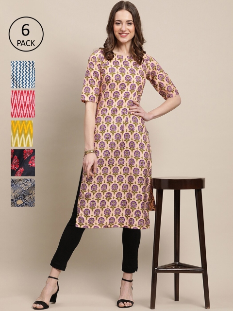 

Ethnic basket Women Pack of 6 Printed Summer Sheers Crepe Kurta, Orange