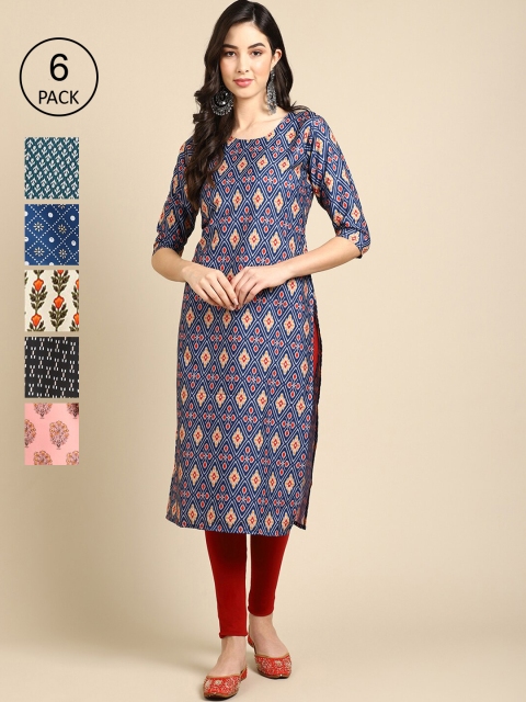 

Ethnic basket Women Pack of 6 Printed Crepe Kurta, Blue