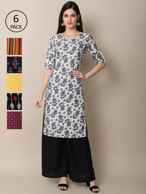 

Ethnic basket Women Pack of 6 Printed Summer Sheers Crepe Kurta, Yellow