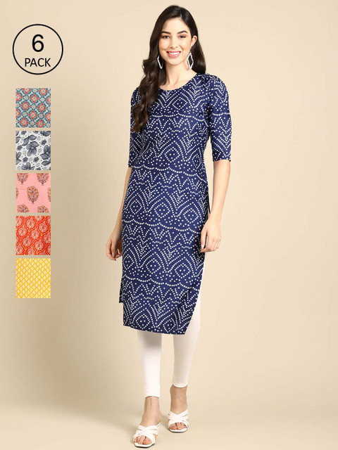 

Ethnic basket Women Pack of 6 Printed Summer Sheers Crepe Kurta, Yellow