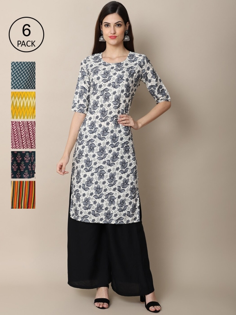 

Ethnic basket Women Pack of 6 Printed Summer Sheers Crepe Kurta, Yellow