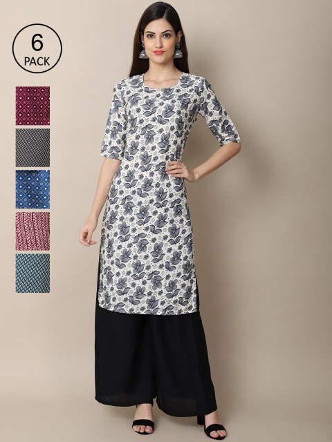 

Ethnic basket Women Pack of 6 Printed Summer Sheers Crepe Kurta, Blue