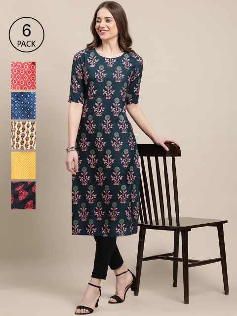 

Ethnic basket Women Pack of 6 Printed Summer Sheers Crepe Kurta, Yellow
