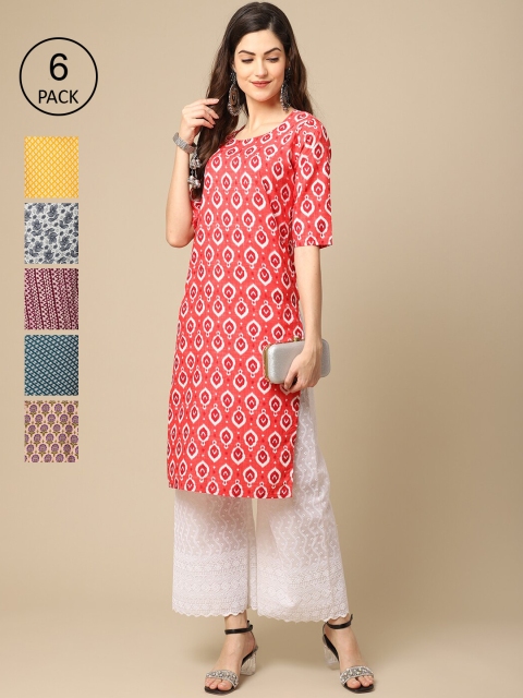 

Ethnic basket Women Pack of 6 Printed Summer Sheers Crepe Kurta, Yellow