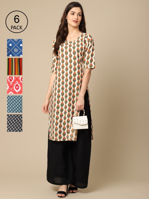 

Ethnic basket Women Pack of 6 Printed Summer Sheers Crepe Kurta, Blue
