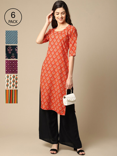 

Ethnic basket Women Printed Crepe Kurta Pack of 6, Orange