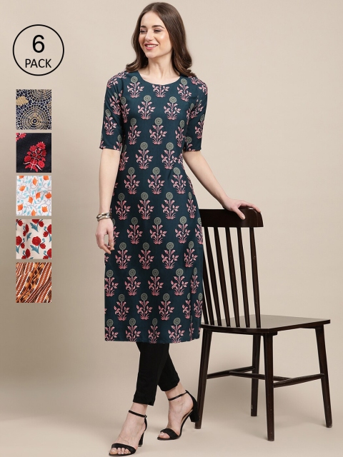 

Ethnic basket Women Pack of 6 Printed Summer Sheers Crepe Kurta, Black