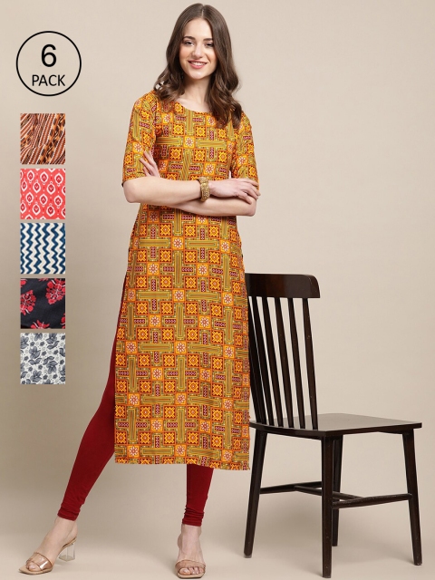 

Ethnic basket Women Pack of 6 Digital Printed Crepe Straight Kurtas, Mustard