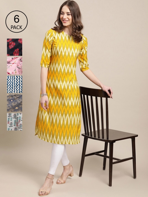 

Ethnic basket Women Pack of 6 Digital Printed Crepe Straight Kurtas, Yellow