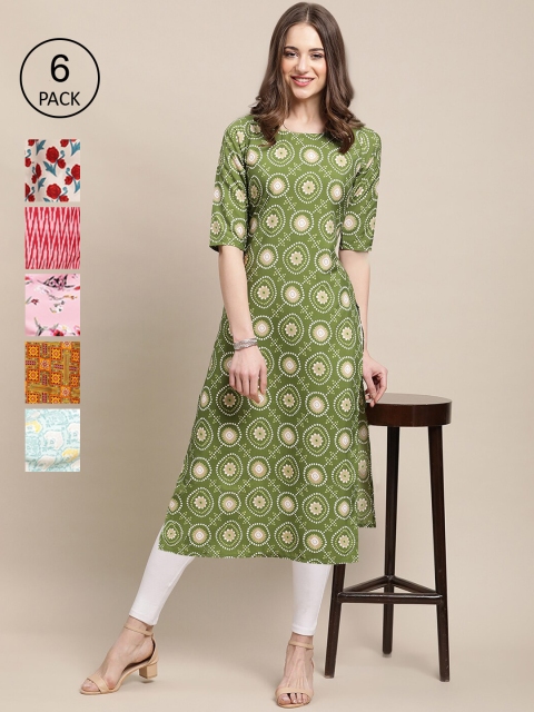 Ethnic basket Women Pack of 6 Digital Printed Crepe Straight Kurtas, Green