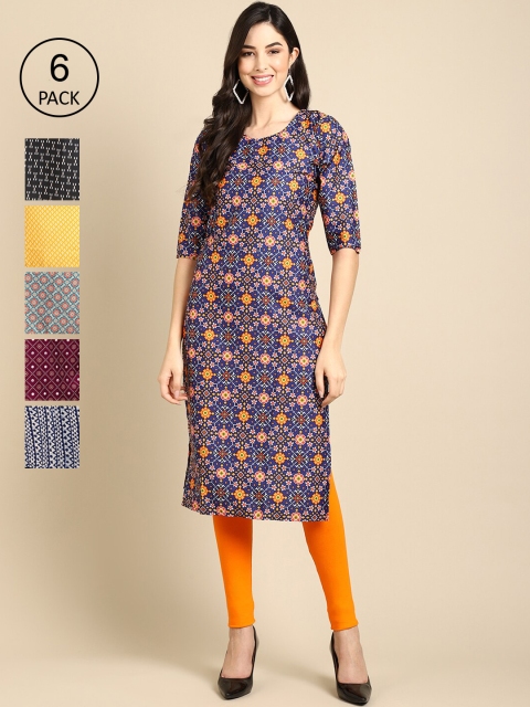 

Ethnic basket Women Pack of 6 Digital Printed Crepe Straight Kurtas, Blue