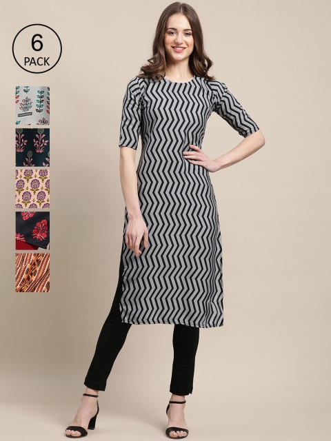 

Ethnic basket Women Pack of 6 Digital Printed Crepe Straight Kurtas, Black