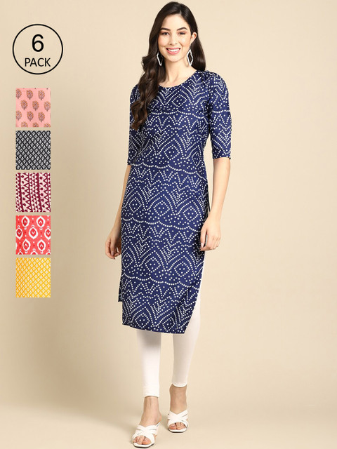 

Ethnic basket Women Pack of 6 Digital Printed Crepe Straight Kurtas, Blue