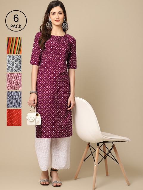 

Ethnic basket Women Pack of 6 Geometric Printed Crepe Kurta, Purple