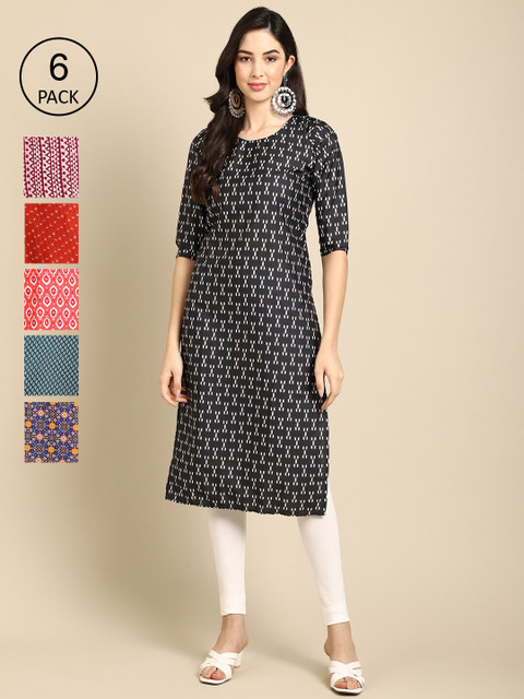 

Ethnic basket Women Pack of 6 Geometric Printed Crepe Kurta, Black