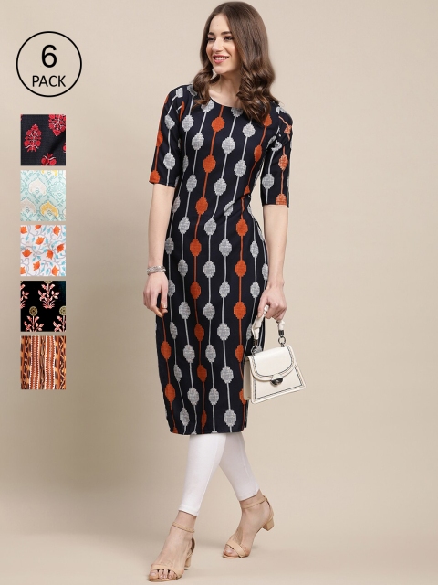 

Ethnic basket Women Pack of 6 Floral Printed Crepe Kurta, Black