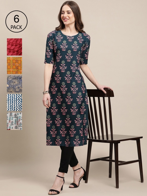 

Ethnic basket Women Pack of 6 Ethnic Motifs Printed Crepe Kurta, Navy blue