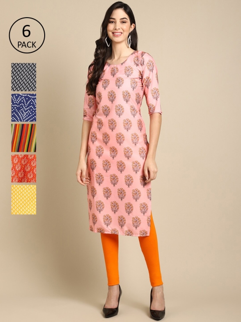 

Ethnic basket Women Pack of 6 Ethnic Motifs Printed Crepe Kurta, Peach
