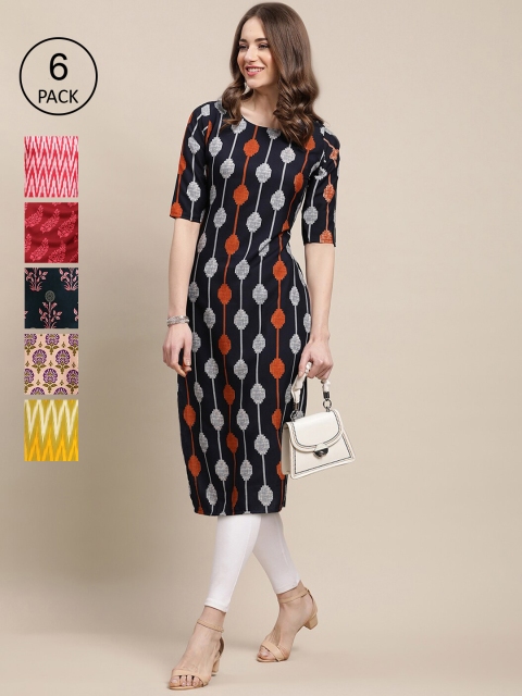 

Ethnic basket Women Pack of 6 Geometric Printed Crepe Kurta, Black