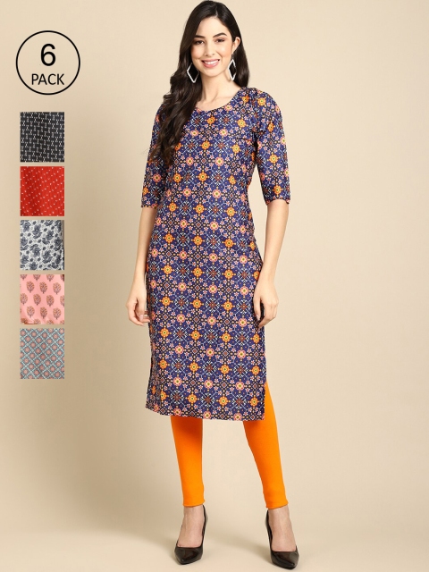 

Ethnic basket Women Pack of 6 Ethnic Motifs Printed Crepe Kurta, Blue
