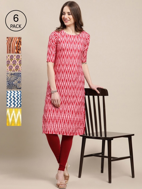 

Ethnic basket Women Pack of 6 Geometric Printed Crepe Kurta, Red