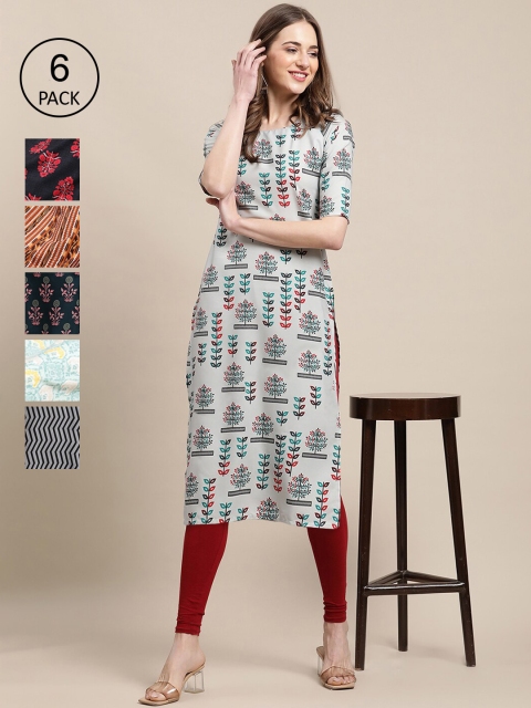 

Ethnic basket Women Pack of 6 Floral Printed Crepe Kurta, Off white
