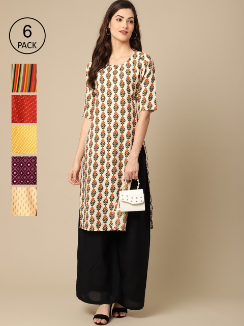 

Ethnic basket Women Pack of 6 Geometric Printed Crepe Kurta, Red
