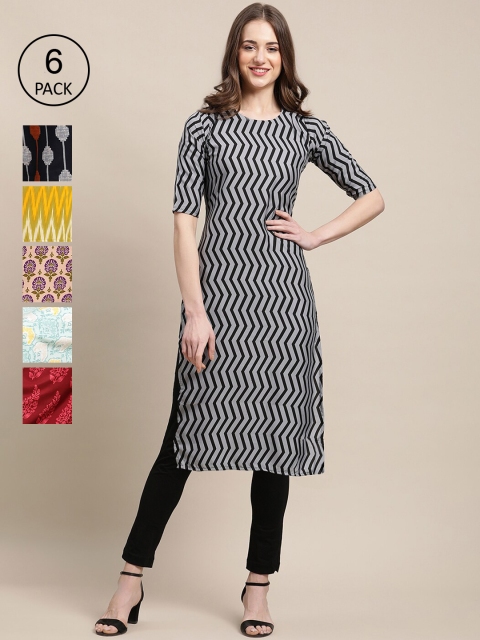 

Ethnic basket Women Pack of 6 Ethnic Motifs Printed Crepe Kurta, Black