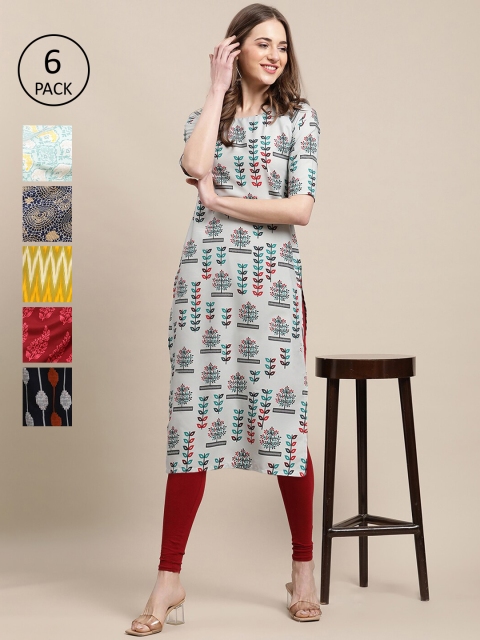

Ethnic basket Women Pack of 6 Printed Crepe Kurta, Off white