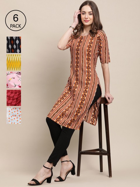 

Ethnic basket Women Pack of 6 Ethnic Motifs Printed Crepe Kurta, Brown