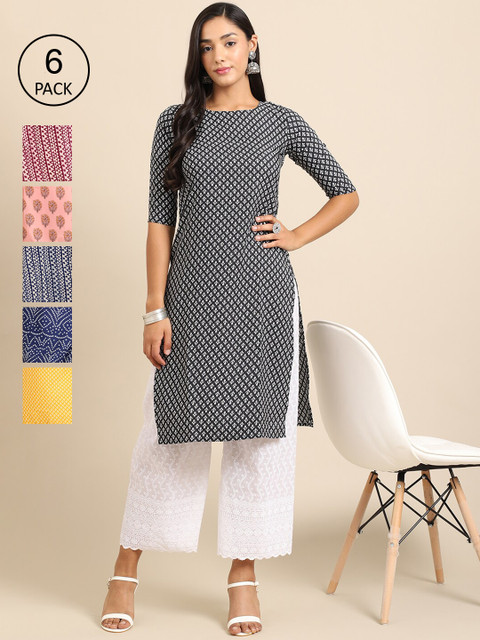 

Ethnic basket Women Multicoloured Geometric Printed Keyhole Neck Thread Work Summer Sheers Crepe Kurta, Multi