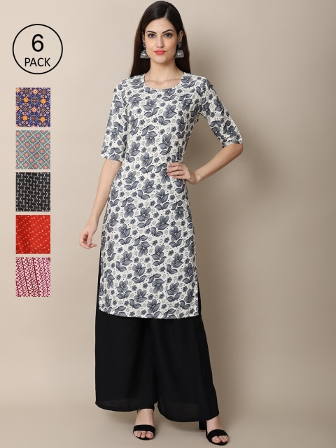 

Ethnic basket Women Pack of 6 Floral Printed Crepe Kurta, White