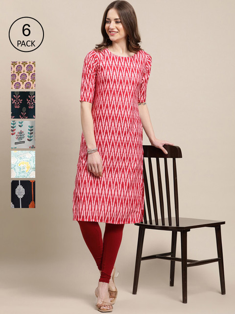 

Ethnic basket Women Pack of 6 Geometric Printed Crepe Kurta, Red